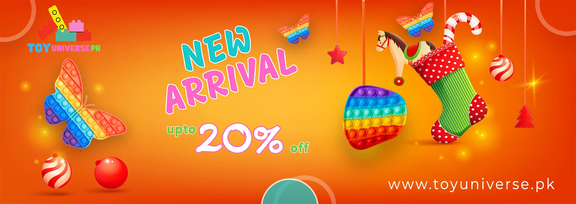 New arrivals at ToyUniverse, up to 20% off (orange banner)